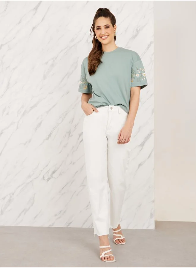 ستايلي Styli Oversized Embroidered Longline T-shirt