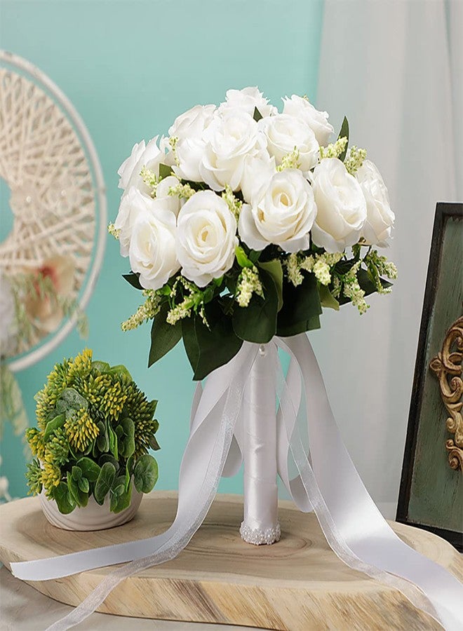 CYANLUX Wedding Bouquets for Bride Bridesmaid Bouquet Champagne White Artificial Roses Flowers for Wedding Valentine's Day Church Home Decoration (1#White)… - Image 4