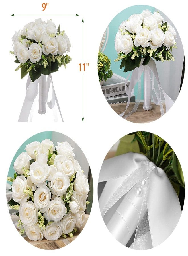 CYANLUX Wedding Bouquets for Bride Bridesmaid Bouquet Champagne White Artificial Roses Flowers for Wedding Valentine's Day Church Home Decoration (1#White)… - Image 3