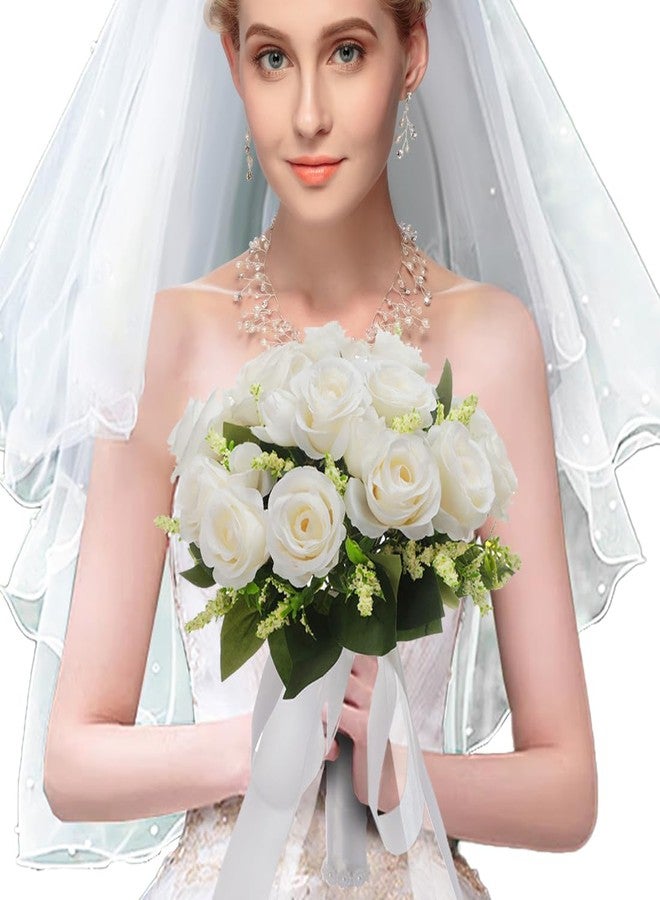 CYANLUX Wedding Bouquets for Bride Bridesmaid Bouquet Champagne White Artificial Roses Flowers for Wedding Valentine's Day Church Home Decoration (1#White)… - Image 5