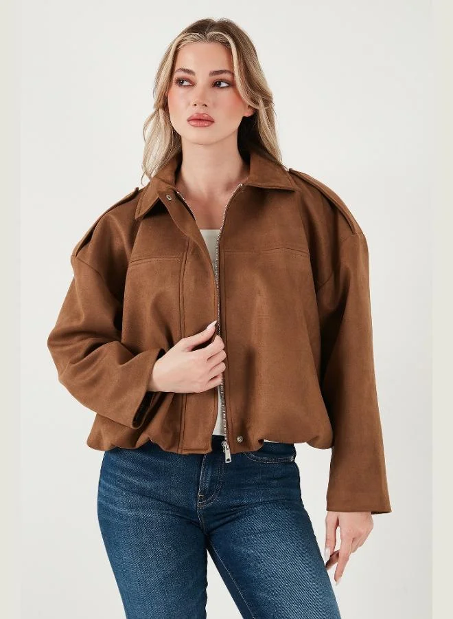 ليلا جاكيت بومبر كلاسيكي بياقة كلاسيكية من جلد الغزال للنساء من ليلا