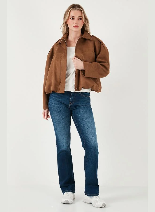 ليلا جاكيت بومبر كلاسيكي بياقة كلاسيكية من جلد الغزال للنساء من ليلا