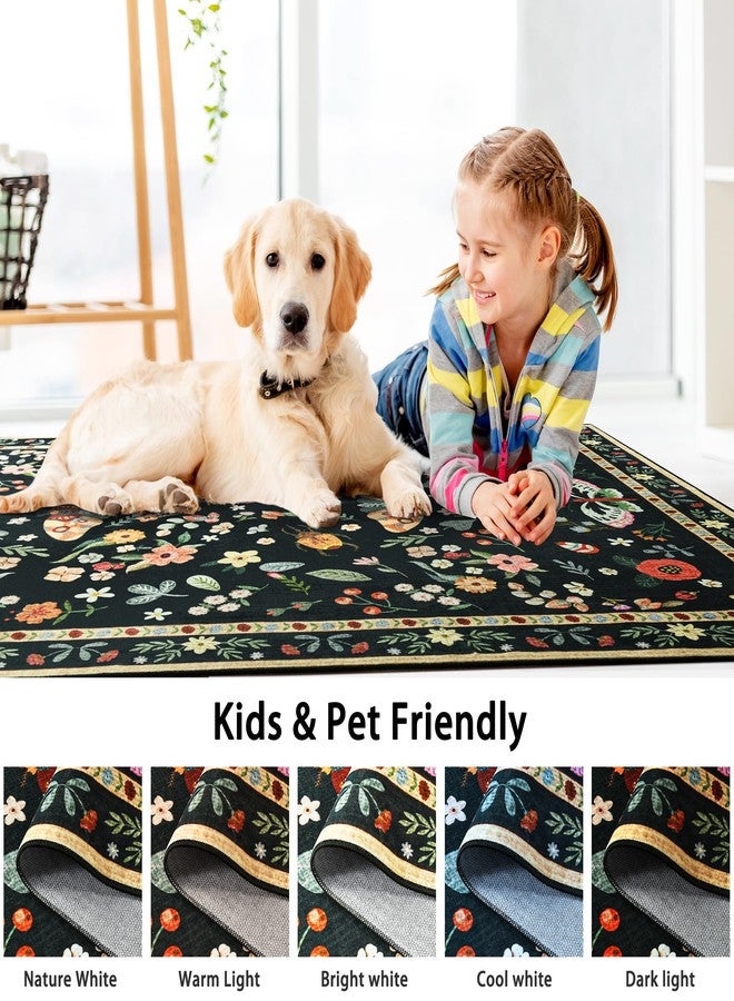 Foxmas Washable Area Rugs for Living Room, 4x6 Non-Slip Butterfly Floral Print Throw Rug, Low Pile Modern Indoor Floor Rug, Carpet for Bedroom Dining Room Laundry Room Kitchen Home Office，Black - Image 2