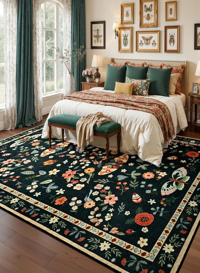 Foxmas Washable Area Rugs for Living Room, 4x6 Non-Slip Butterfly Floral Print Throw Rug, Low Pile Modern Indoor Floor Rug, Carpet for Bedroom Dining Room Laundry Room Kitchen Home Office，Black - Image 5