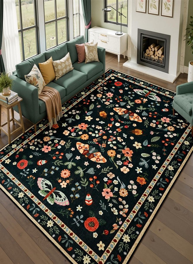 Foxmas Washable Area Rugs for Living Room, 4x6 Non-Slip Butterfly Floral Print Throw Rug, Low Pile Modern Indoor Floor Rug, Carpet for Bedroom Dining Room Laundry Room Kitchen Home Office，Black - Image 1