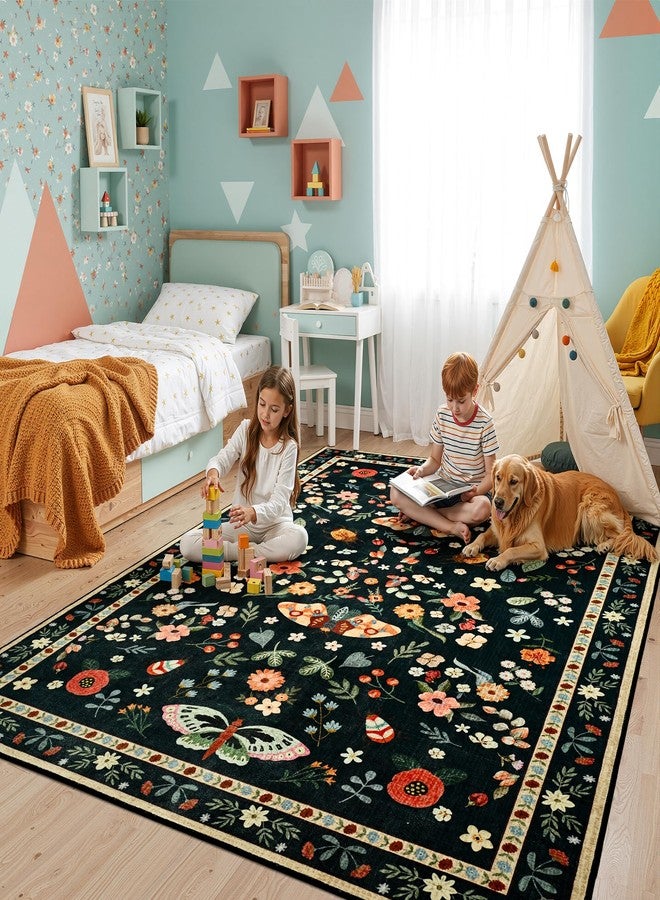 Foxmas Washable Area Rugs for Living Room, 4x6 Non-Slip Butterfly Floral Print Throw Rug, Low Pile Modern Indoor Floor Rug, Carpet for Bedroom Dining Room Laundry Room Kitchen Home Office，Black - Image 4
