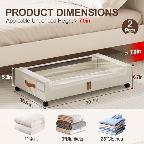 LAMU 2 Pack Under Bed Storage with Wheels, 60L Large Lapacity UnderBed Storage Containers with Clear Lid and Handles, Under the Bed Storage Bins Drawers for Clothes, Blankets, Shoes, Books, Beige - Image 2
