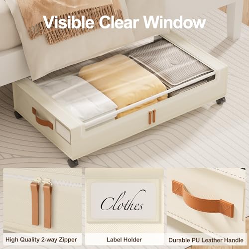 LAMU 2 Pack Under Bed Storage with Wheels, 60L Large Lapacity UnderBed Storage Containers with Clear Lid and Handles, Under the Bed Storage Bins Drawers for Clothes, Blankets, Shoes, Books, Beige - Image 5