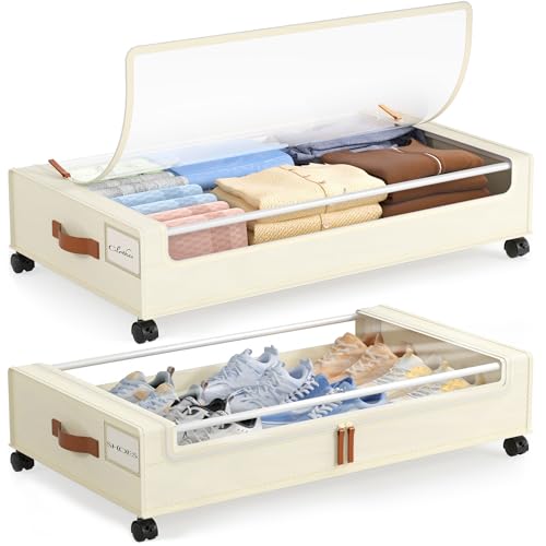 LAMU 2 Pack Under Bed Storage with Wheels, 60L Large Lapacity UnderBed Storage Containers with Clear Lid and Handles, Under the Bed Storage Bins Drawers for Clothes, Blankets, Shoes, Books, Beige - Image 1
