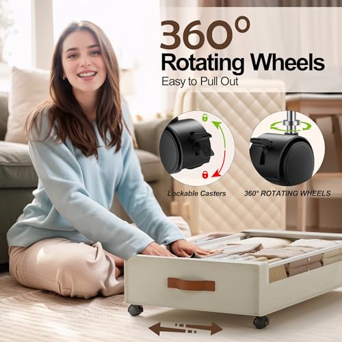 LAMU 2 Pack Under Bed Storage with Wheels, 60L Large Lapacity UnderBed Storage Containers with Clear Lid and Handles, Under the Bed Storage Bins Drawers for Clothes, Blankets, Shoes, Books, Beige - Image 4