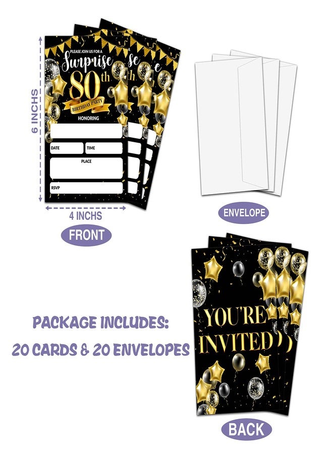 Levitatinyear Surprise 80th Birthday Party Invitation, Black and Gold Fill-In Invites For Adult Woman & Man, 20 Invitations With Envelopes(4" x 6"), Party Favors Decorations And Supplies-06 - Image 4