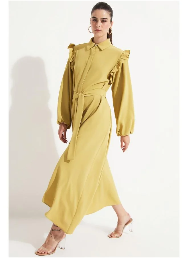 جون June Ruffle Shoulder Balloon Sleeve Dress Light Green