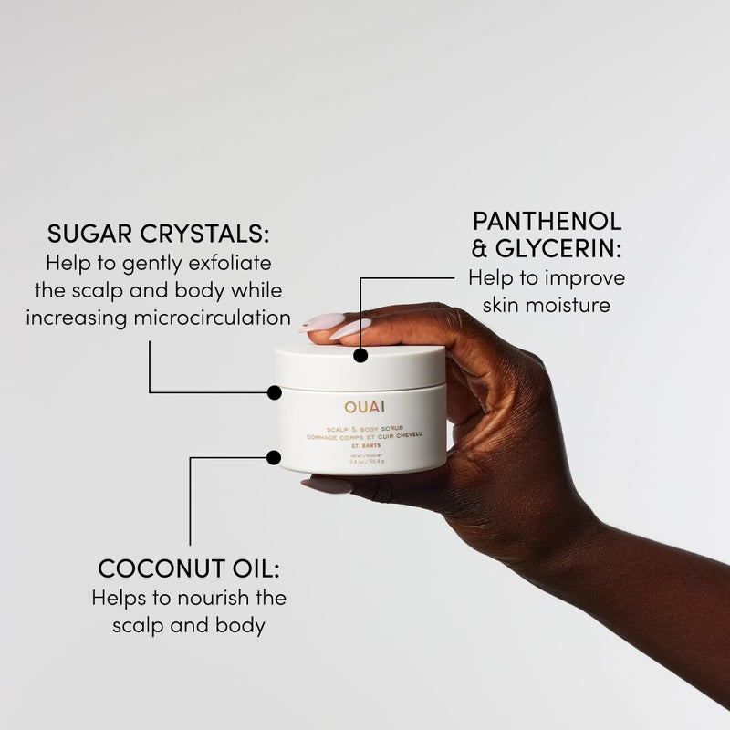 OUAI Scalp & Body Scrub, St. Barts Travel Size - Exfoliating Body Scrub with Sugar & Coconut Oil Blend for Smooth, Moisturized Skin - Gentle Scalp Exfoliator for Removing Product Build Up (3.4 oz) - Image 4