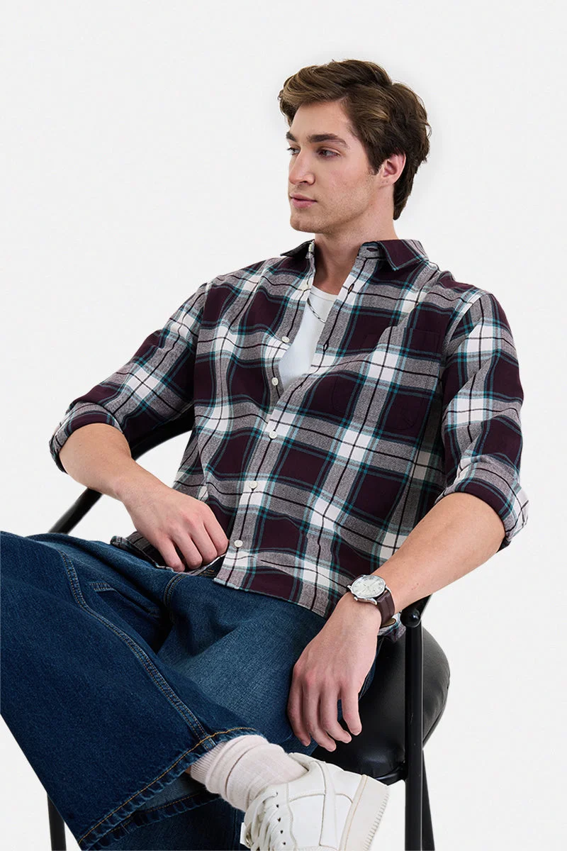 سنيتش Burgundy Checkered Long Sleeve Regular Fit Shirt