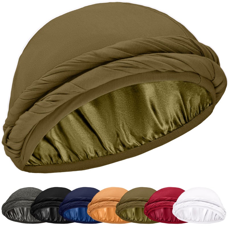 CAPLORD Silk Durag Satin Lined Halo Turban Head Wrap Pre-Tied Skull Cap for Men and Women Sleeping Bonnet Hair Cover Chemo Hair Loss Hat Night Bonnet Olive Green - Image 1