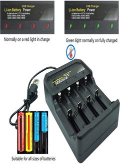 18650 Battery Charger 4 Bay Fast Charge, for 3.7V Li-ion TR IMR 10440 14500 16650 14650 18350 18500 16340(RCR123) Batteries, USB Intelligent Universal Rechargeable Battery Charger