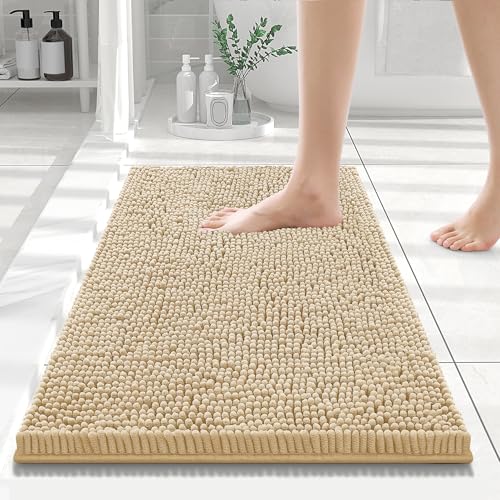 Smiry Luxury Chenille Bathroom Rugs 24x16, Extra Soft and Absorbent Shaggy Bath Mat, Machine Washable, Non-Slip Plush Carpet Runner for Tub, Shower, and Floor, Home Decor Accessories, Beige - Image 1