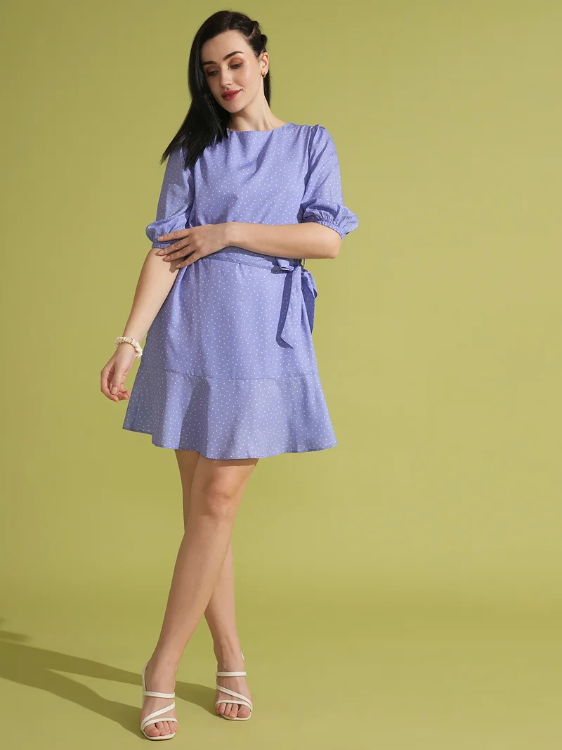 globus Women Polka Dot Printed Puff Sleeve Tie-Up A-Line Dress