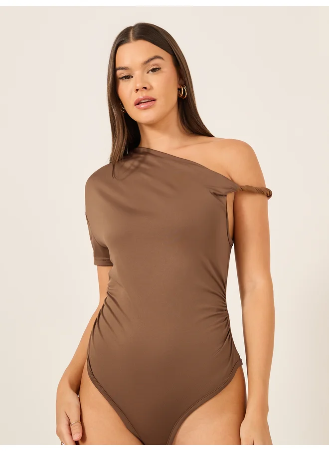 Styli Styli Asymmetric Neck One Shoulder Bodysuit with Gathered Detail