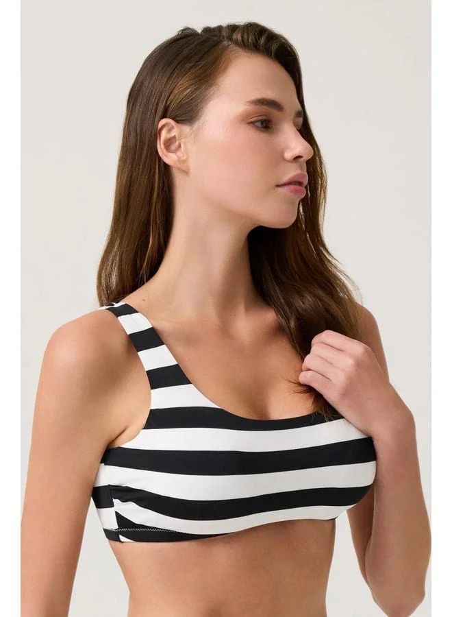 Los Ojos Black-White Striped Square Neck Sport Bikini Top.