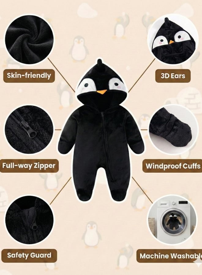 JiAmy Baby Snowsuit Baby Bear Hooded Onesie With Fold-Over Newborn Animals Fleece Outifts Thin Fall Winter Outfits Penguins 9-12 Months - Image 3