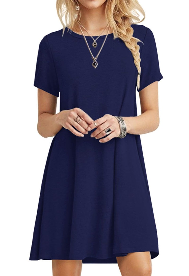 POPYOUNG Plus Size Women's T Shirt Summer Dress Short Sleeve Casual Swing Dress with Pockets Loose Fit Dress 3XL, Navy Blue - Image 1