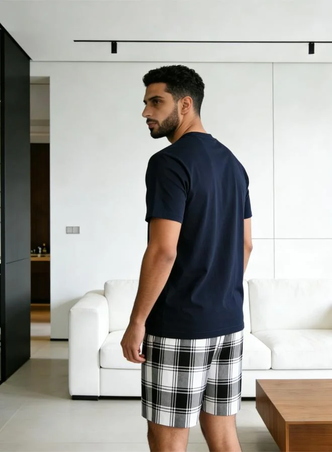 Take Two Dark Blue Men Printed Round Neck T-Shirt and Checked Shorts Set for Men | Best Price UAE