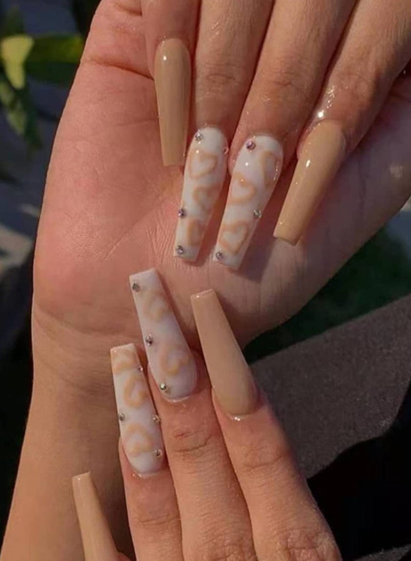Extra Long Press on Nails Coffin, Long Fake Nails Rhinestone Nails LOVE Style Design, Artificial Glossy Acrylic Ballerina Press on Nails for Women and Girls(48 Pcs ) - Image 1