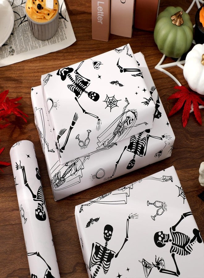 Whaline Halloween Wrapping Paper -Mini Roll- 17 In x 32.8 Ft Beige Black Skeleton Ring Gift Wrap Paper for Halloween Bride or Die Party Wrapping Supplies - Image 3