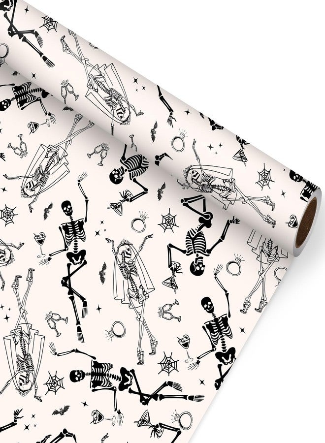 Whaline Halloween Wrapping Paper -Mini Roll- 17 In x 32.8 Ft Beige Black Skeleton Ring Gift Wrap Paper for Halloween Bride or Die Party Wrapping Supplies - Image 1