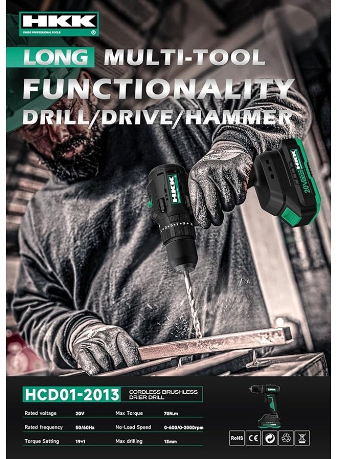 HKK مثقاب لاسلكي 20 فولت - محرك بدون فرش، بطارية 2000 مللي أمبير، عزم دوران 70 نيوتن.م، سرعة (0-600/2000 دورة في الدقيقة)، فكي 13 مم، 19+1 إعداد - للحفر في الخشب والمعادن وتثبيت البراغي - Image 5