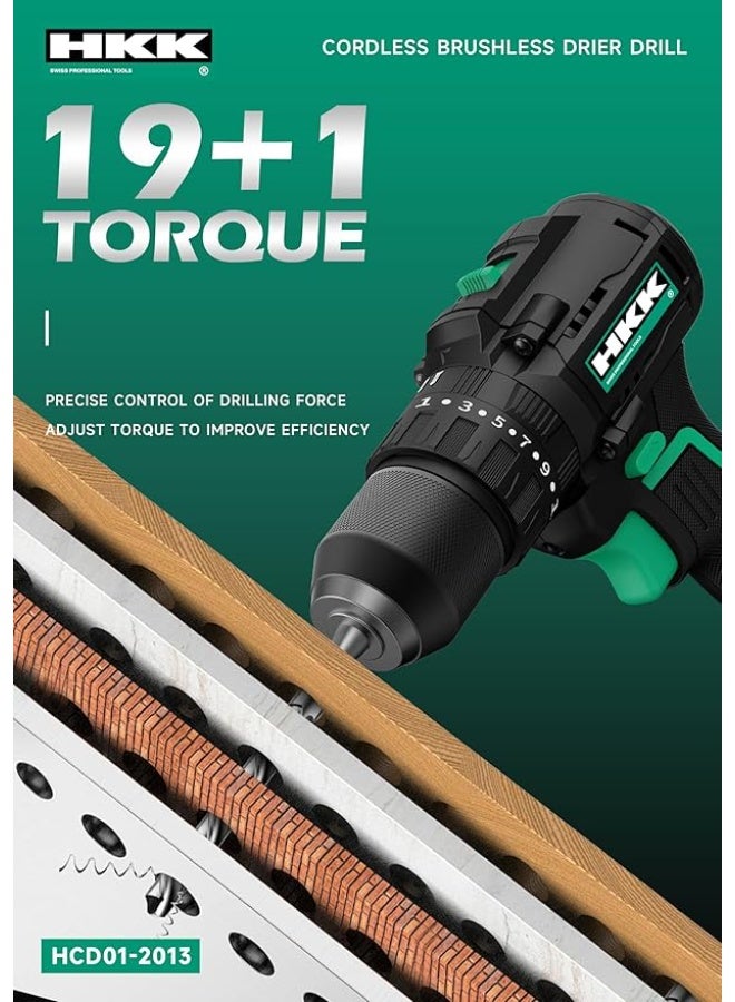 HKK مثقاب لاسلكي 20 فولت - محرك بدون فرش، بطارية 2000 مللي أمبير، عزم دوران 70 نيوتن.م، سرعة (0-600/2000 دورة في الدقيقة)، فكي 13 مم، 19+1 إعداد - للحفر في الخشب والمعادن وتثبيت البراغي - Image 4