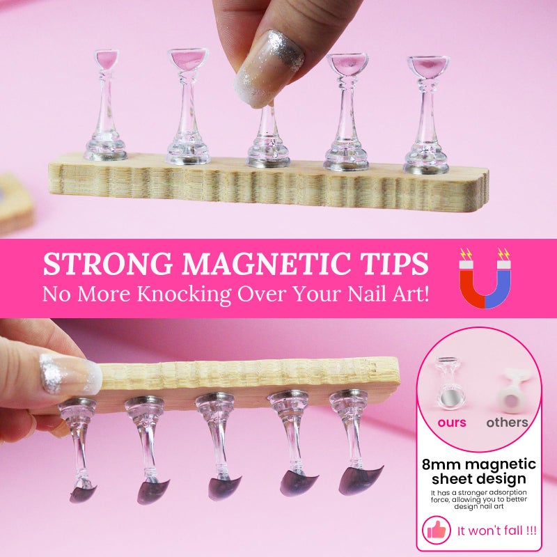 ESUOHYM Nail Stand For Press Ons Tall Extra-High Nail Tip Holder For Painting Art Supplies Magnetic Wood Display With 1 Heart Fake Nail Stands, 200Pcs Double Sided Tape, Decorating Art Accessories Kit - Image 3