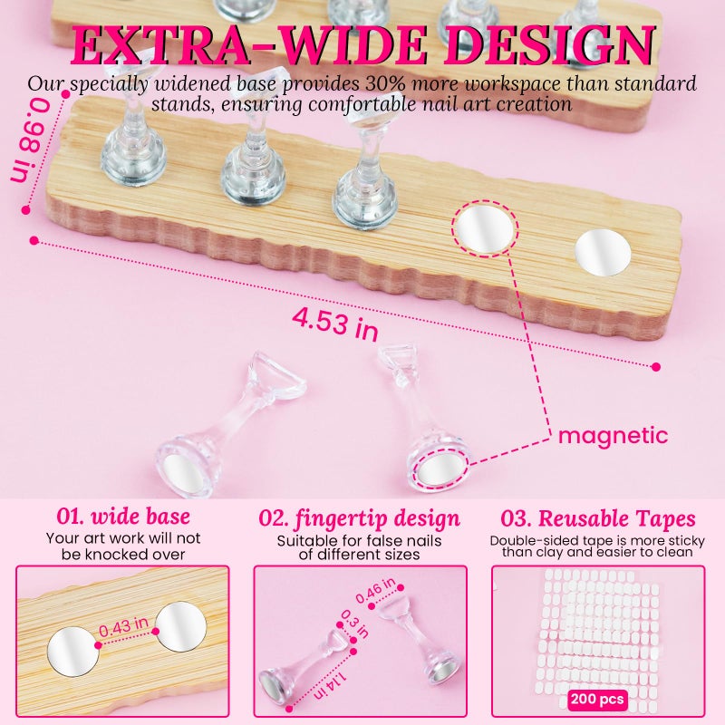 ESUOHYM Nail Stand For Press Ons Tall Extra-High Nail Tip Holder For Painting Art Supplies Magnetic Wood Display With 1 Heart Fake Nail Stands, 200Pcs Double Sided Tape, Decorating Art Accessories Kit - Image 5