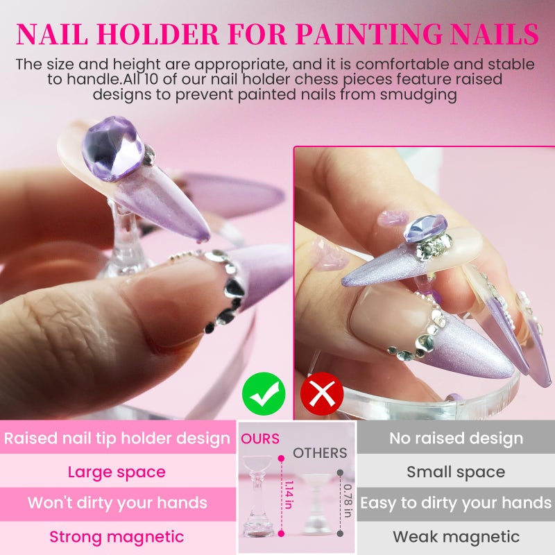 ESUOHYM Nail Stand For Press Ons Tall Extra-High Nail Tip Holder For Painting Art Supplies Magnetic Wood Display With 1 Heart Fake Nail Stands, 200Pcs Double Sided Tape, Decorating Art Accessories Kit - Image 2