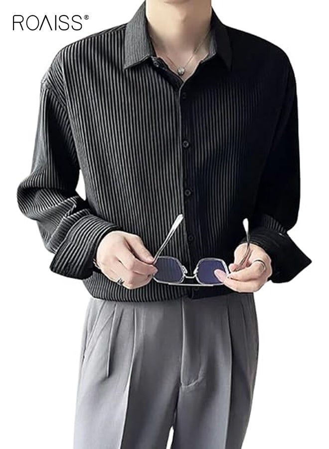 رويس قميص رجالي فضفاض بقصّة عادية ومحكم من قماش الجاكار، وياقة بأزرار وأكمام طويلة، وقميص رجالي بلون واحد للربيع والخريف، باللون الأسود - Image 1