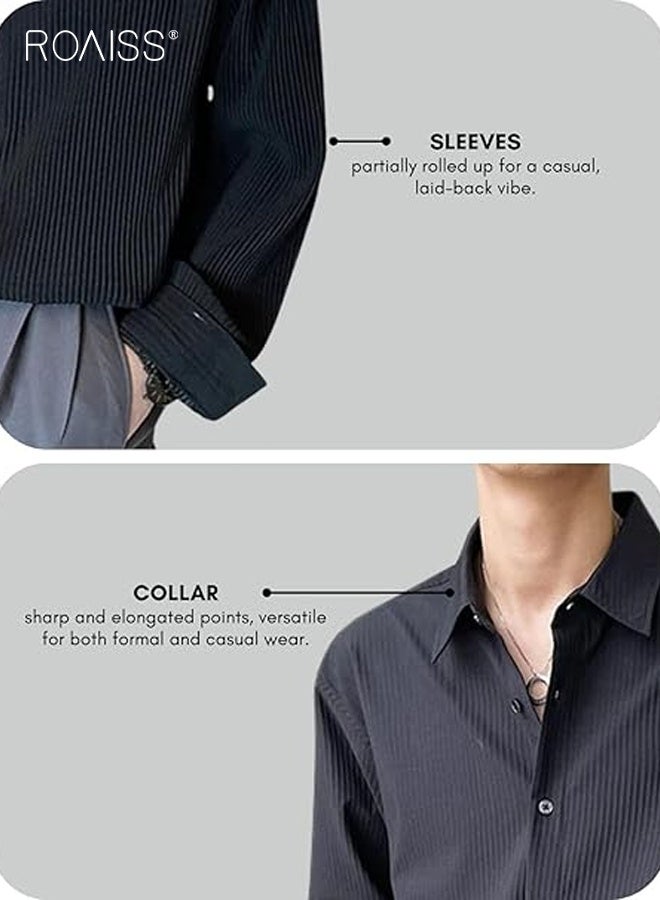 رويس قميص رجالي فضفاض بقصّة عادية ومحكم من قماش الجاكار، وياقة بأزرار وأكمام طويلة، وقميص رجالي بلون واحد للربيع والخريف، باللون الأسود - Image 5