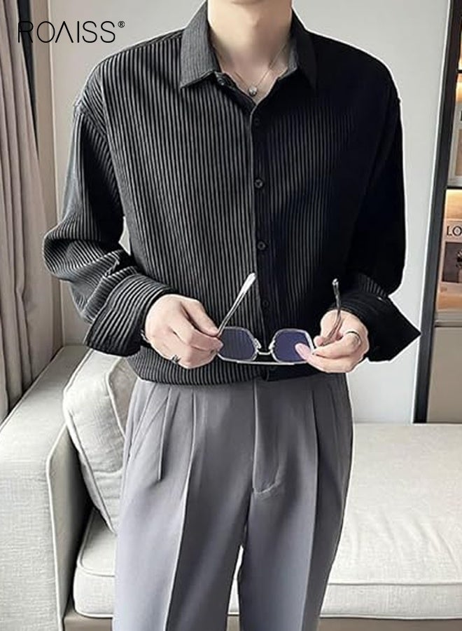 رويس قميص رجالي فضفاض بقصّة عادية ومحكم من قماش الجاكار، وياقة بأزرار وأكمام طويلة، وقميص رجالي بلون واحد للربيع والخريف، باللون الأسود - Image 2