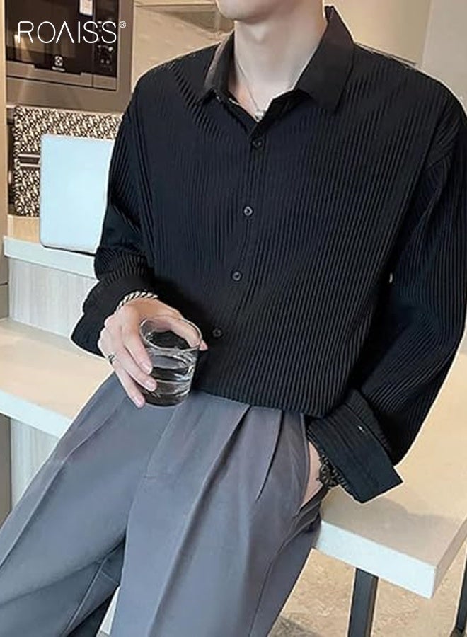 رويس قميص رجالي فضفاض بقصّة عادية ومحكم من قماش الجاكار، وياقة بأزرار وأكمام طويلة، وقميص رجالي بلون واحد للربيع والخريف، باللون الأسود - Image 3