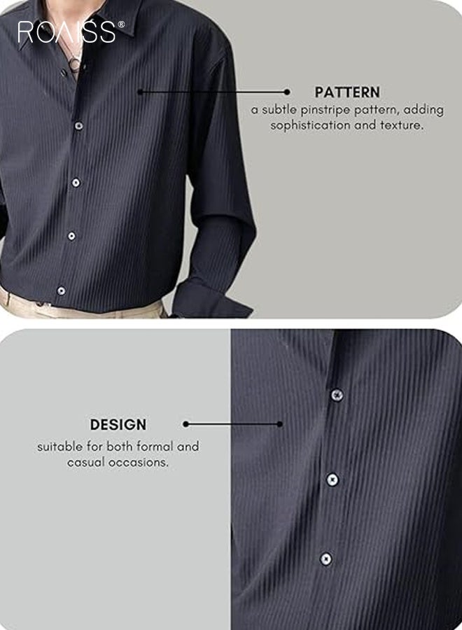 رويس قميص رجالي فضفاض بقصّة عادية ومحكم من قماش الجاكار، وياقة بأزرار وأكمام طويلة، وقميص رجالي بلون واحد للربيع والخريف، باللون الأسود - Image 4