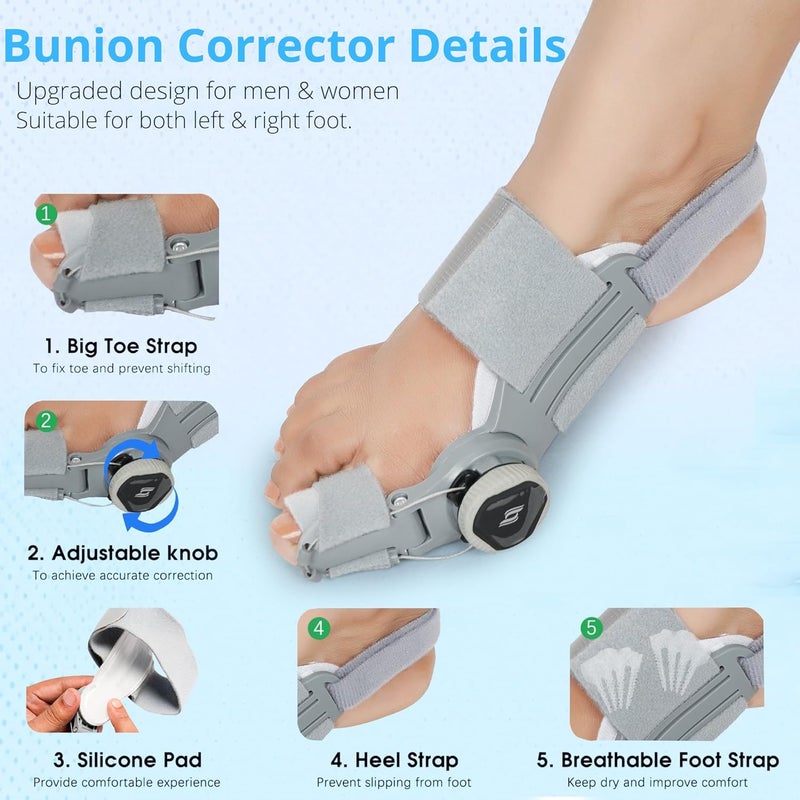 RANUR Bunion Corrector for Women & Men, Adjustable Toe Straightener with Rotating Knob, Bunion Splint & Toe Separator, Universal Fit for Left & Right Foot, Pain Relief & Hallux Valgus Alignment Support (GREY) - Image 3