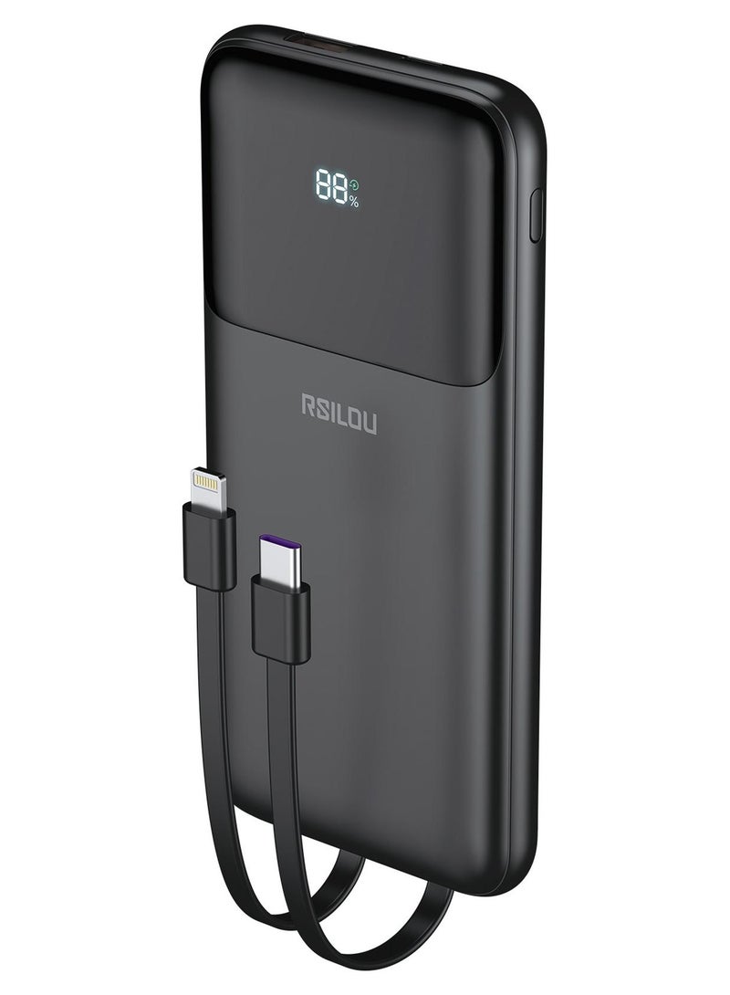 ارسيلو R1012-001 بنك طاقة مزدوج الكابلات بسعة 10000 مللي أمبير في الساعة، بنك طاقة كابلي، شحن سريع، شاشة رقمية، طاقة خرج 22.5 وات، PD، 4 منافذ إخراج، كابلات Type-C وLightning مدمجة - Image 1