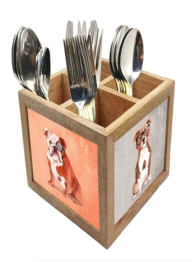 Nutcase Wooden Cutlery Stand Holder Silverware Caddy Spoons Forks Knives Organizer for Dining Table & Kitchen -Made in India-Spoons NOT Included - Hipster Pug - Image 1