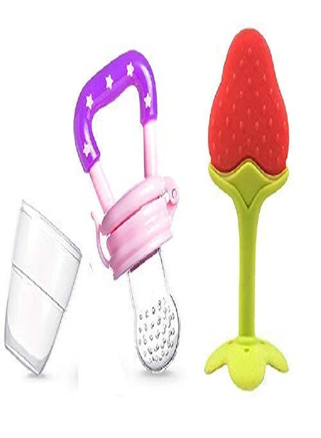 First Trend Star Nibbler Fruit Shape Silicone Teether with Baby Fruit Nibbler Pacifier for Baby (Combo Saver Pack of 2) (Grapes & Yellow Pacifier) - Image 1