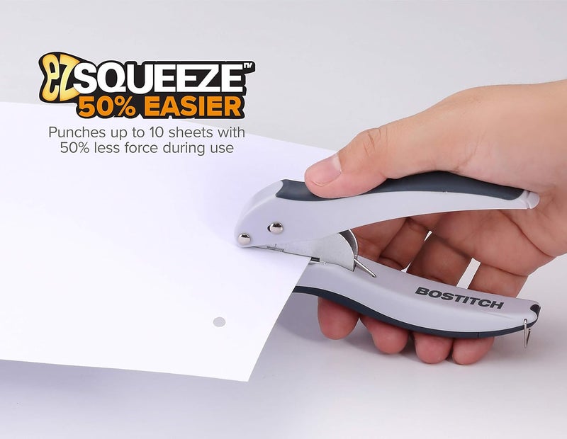 Bostitch Office EZ Squeeze One-Hole Punch, 10 Sheet Capacity, Lightweight, Gray/Blue, Pack of 3 - Image 2