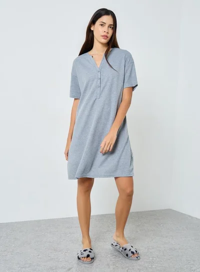 Styli Styli Waffle Textured Placket Sleep T-Shirt Dress