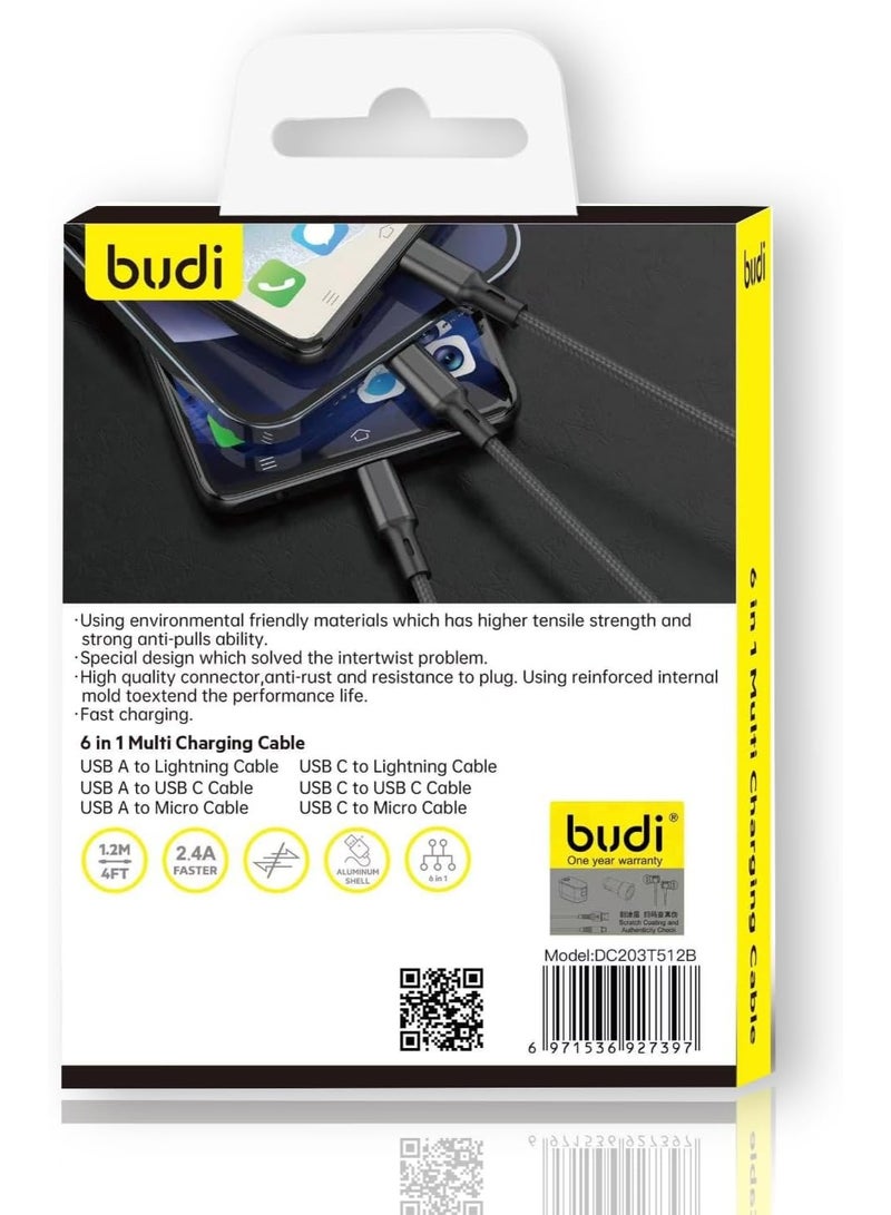 Budi 6-in-1 Multi Charging Cable, 1.2M (4FT), 2.4A Fast Charge, USB-A to Lightning/USB-C/Micro USB, USB-C to USB-C/Lightning/Micro USB - Image 3