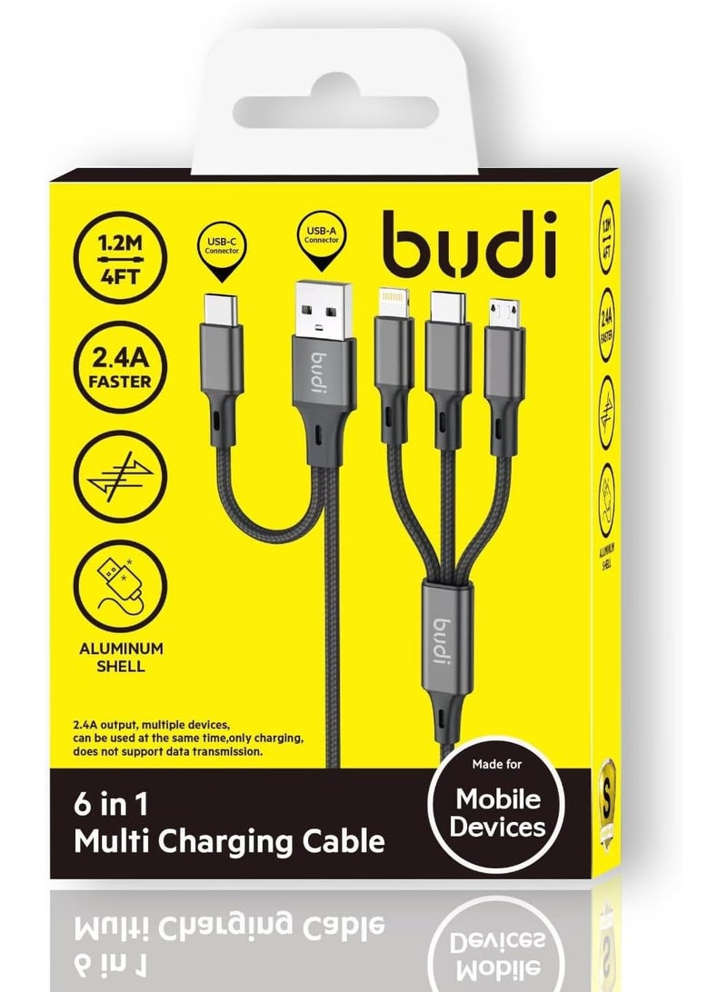 Budi 6-in-1 Multi Charging Cable, 1.2M (4FT), 2.4A Fast Charge, USB-A to Lightning/USB-C/Micro USB, USB-C to USB-C/Lightning/Micro USB - Image 1