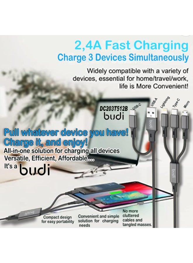 Budi 6-in-1 Multi Charging Cable, 1.2M (4FT), 2.4A Fast Charge, USB-A to Lightning/USB-C/Micro USB, USB-C to USB-C/Lightning/Micro USB - Image 4