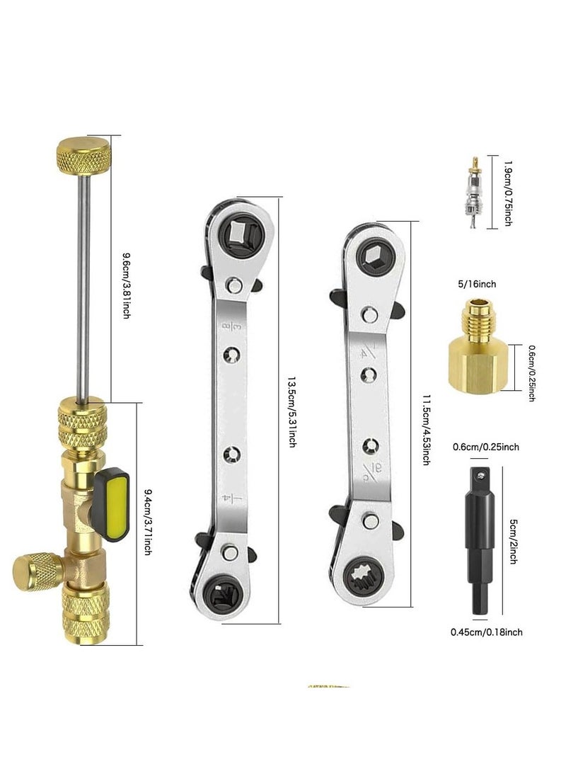 SYOSI - Valve Core Remover Installer Tool and HVAC Service Wrench Set with Dual Size SAE 1/4 and 5/16 Port 3/8'' to 1/4'' 5/16'' x 1/4'' Refrigeration Service Wrench Hex Bit Adapters and 10pcs Valve Core - Image 1